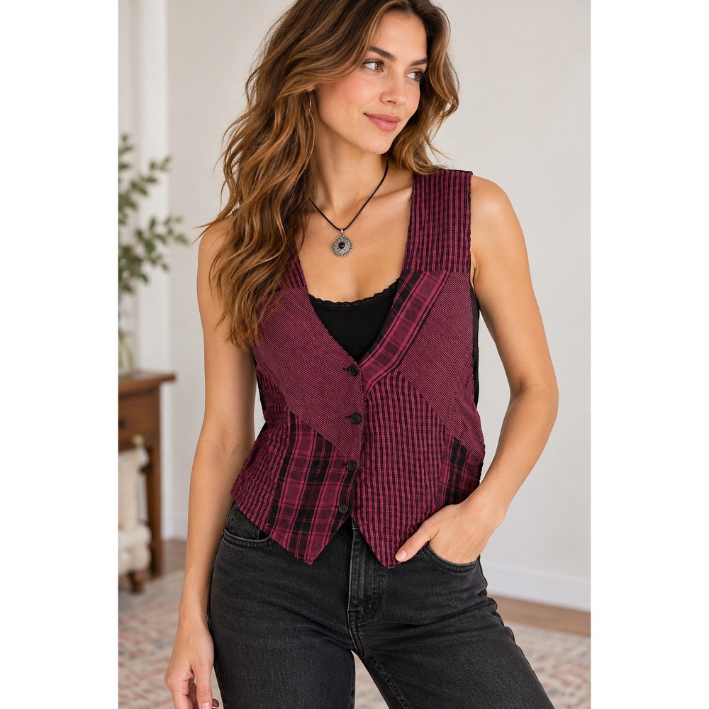 Whimsigoth Cottagecore Boho Burgundy Black Patchwork Vest Spell Bound Size Large